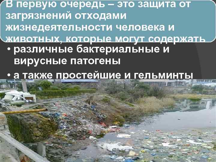 В первую очередь – это защита от загрязнений отходами жизнедеятельности человека и животных, которые