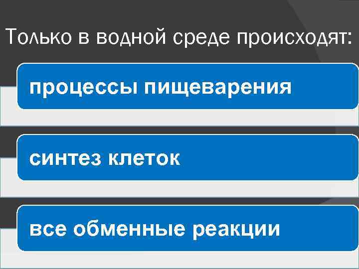 Только в водной среде происходят: процессы пищеварения синтез клеток все обменные реакции 