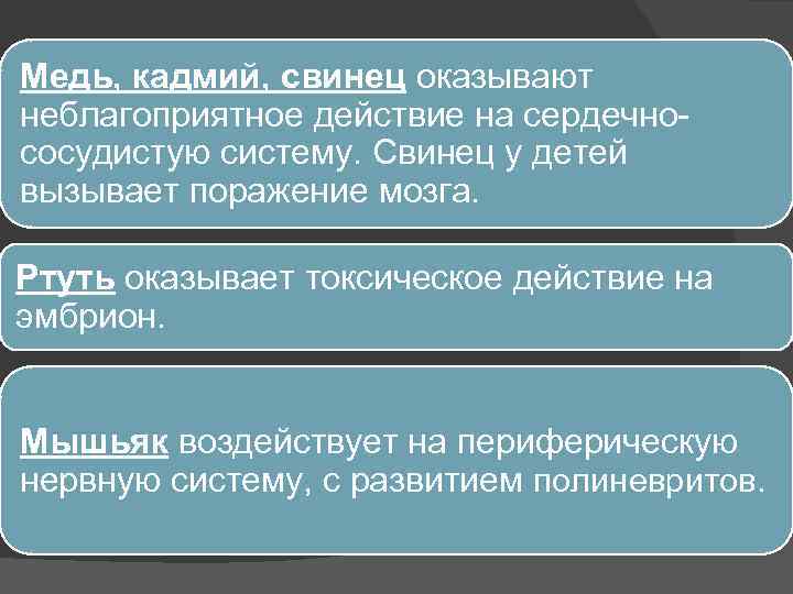 Медь, кадмий, свинец оказывают неблагоприятное действие на сердечнососудистую систему. Свинец у детей вызывает поражение