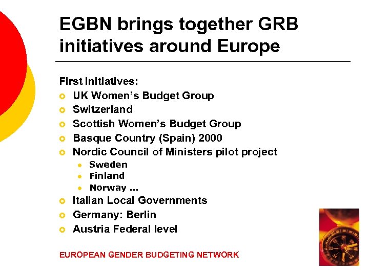 EGBN brings together GRB initiatives around Europe First Initiatives: £ UK Women’s Budget Group