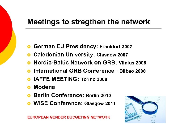 Meetings to stregthen the network £ £ £ £ German EU Presidency: Frankfurt 2007