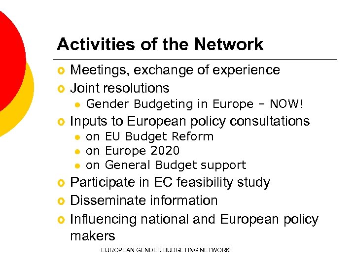 Activities of the Network £ £ Meetings, exchange of experience Joint resolutions l £