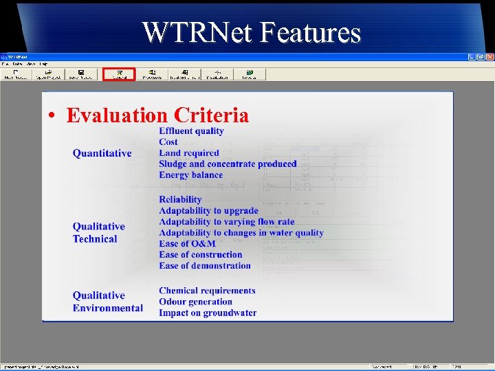 WTRNet Features • Evaluation Criteria 