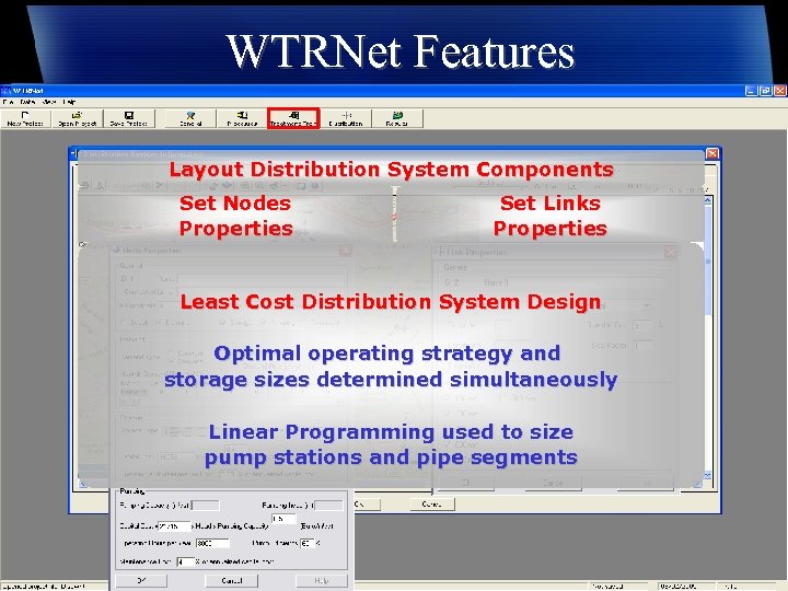 WTRNet Features Layout Distribution System Components Set Nodes Properties Set Links Properties Least Cost