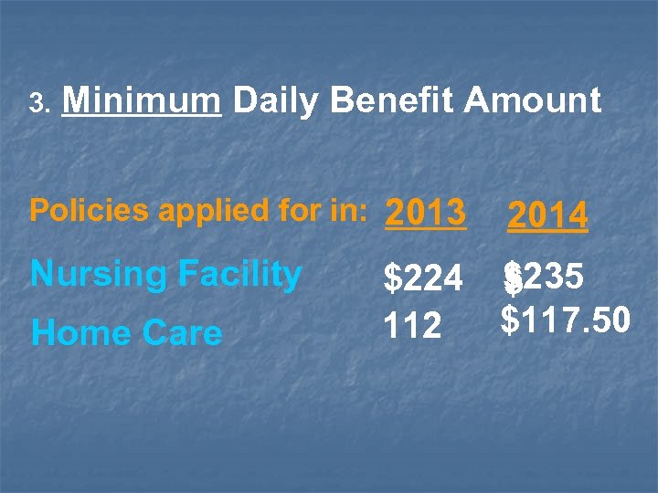 3. Minimum Daily Benefit Amount Policies applied for in: 2013 Nursing Facility Home Care