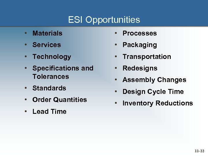 ESI Opportunities • Materials • Processes • Services • Packaging • Technology • Transportation