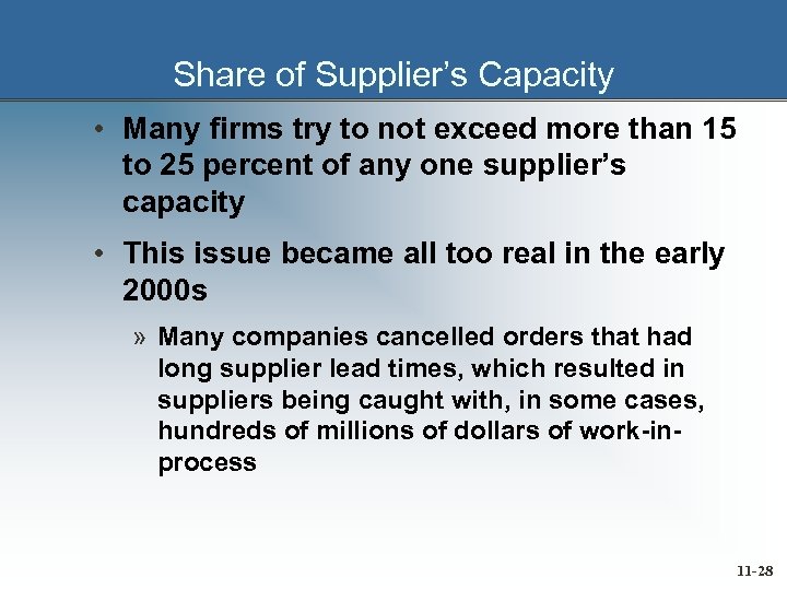Share of Supplier’s Capacity • Many firms try to not exceed more than 15
