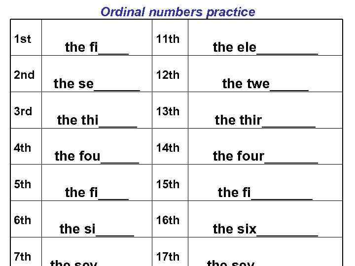 Ordinal numbers practice 1 st 2 nd 3 rd 4 th 5 th 6