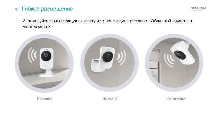 Гибкое размещение Используйте самоклеящуюся ленту или винты для крепления Облачной камеры в любом месте