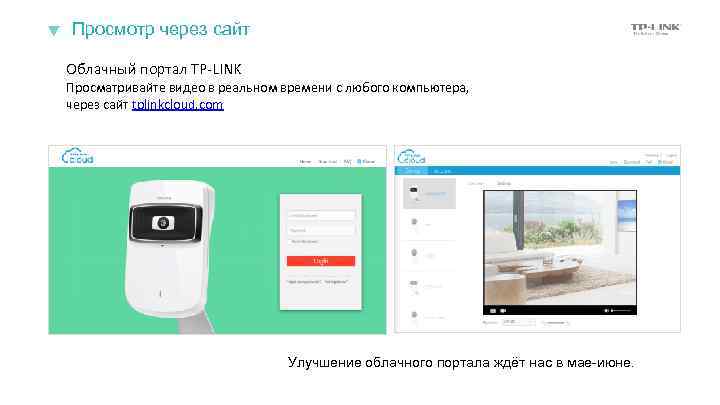 Просмотр через сайт Облачный портал TP-LINK Просматривайте видео в реальном времени с любого компьютера,
