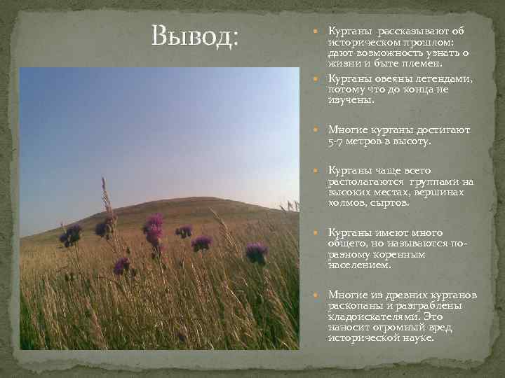  Вывод: Курганы рассказывают об историческом прошлом: дают возможность узнать о жизни и быте