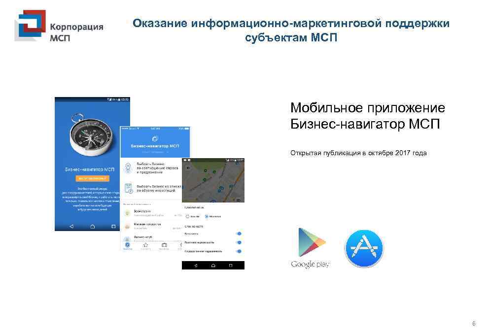 Оказание информационно-маркетинговой поддержки субъектам МСП Мобильное приложение Бизнес-навигатор МСП Открытая публикация в октябре 2017