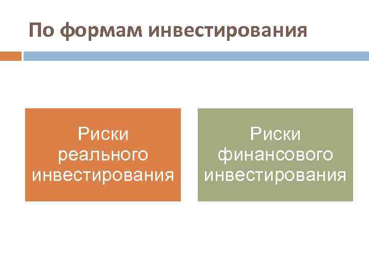 По формам инвестирования Риски реального инвестирования Риски финансового инвестирования 