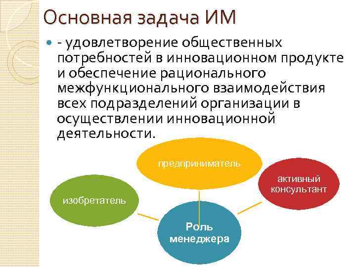 Основная задача ИМ - удовлетворение общественных потребностей в инновационном продукте и обеспечение рационального межфункционального