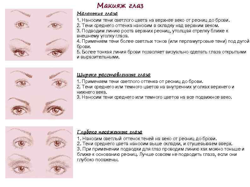 Макияж глаз Маленькие глаза 1. Наносим тени светлого цвета на верхнее веко от ресниц