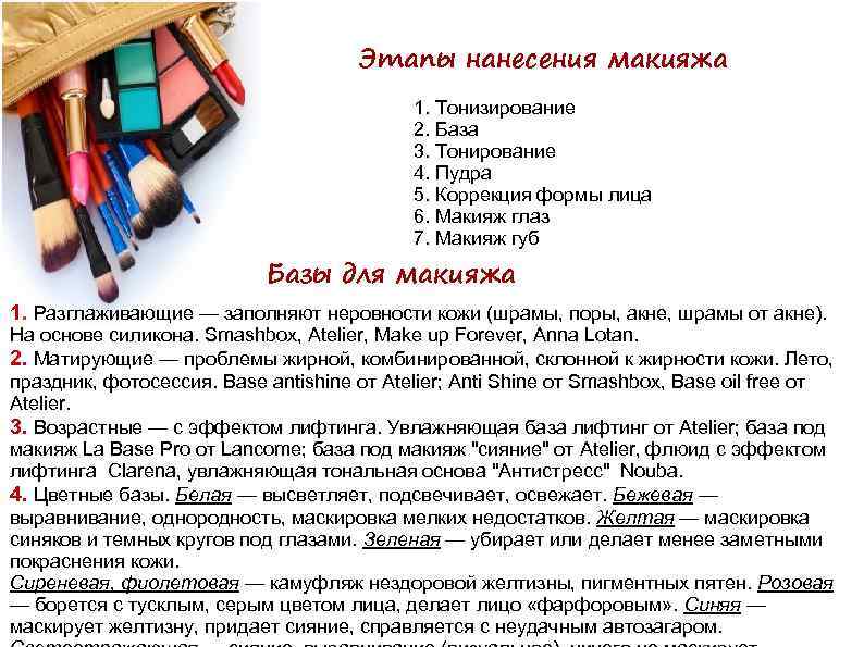 Этапы нанесения макияжа 1. Тонизирование 2. База 3. Тонирование 4. Пудра 5. Коррекция формы