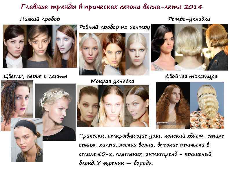 Главные тренды в прическах сезона весна-лето 2014 Низкий пробор Цветы, перья и ленты Ровный