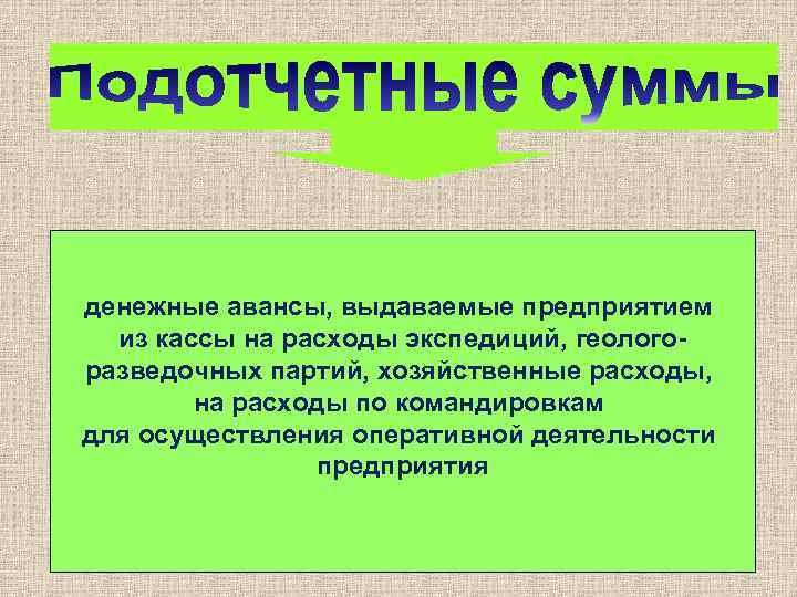 денежные авансы, выдаваемые предприятием из кассы на расходы экспедиций, геологоразведочных партий, хозяйственные расходы, на