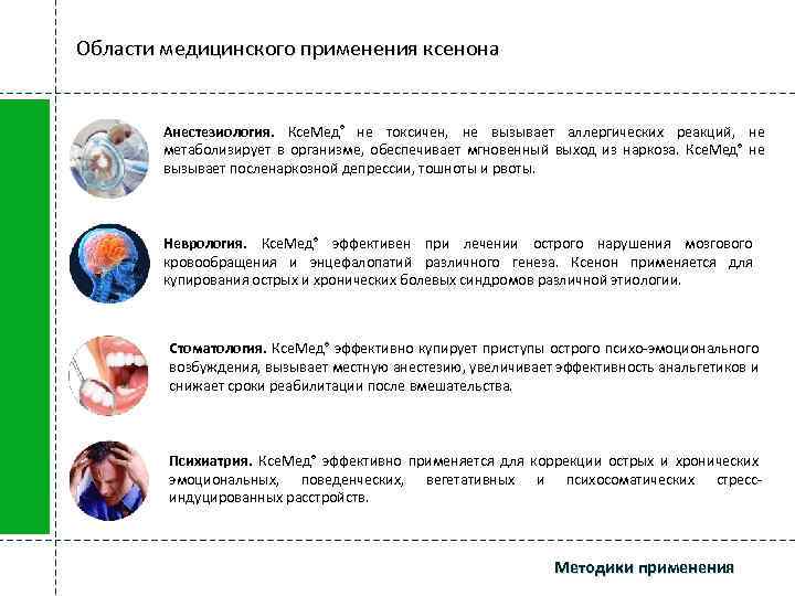 Области медицинского применения ксенона Анестезиология. Ксе. Мед® не токсичен, не вызывает аллергических реакций, не