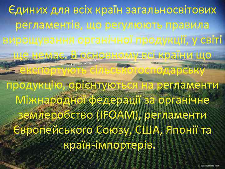 Єдиних для всіх країн загальносвітових регламентів, що регулюють правила вирощування органічної продукції, у світі