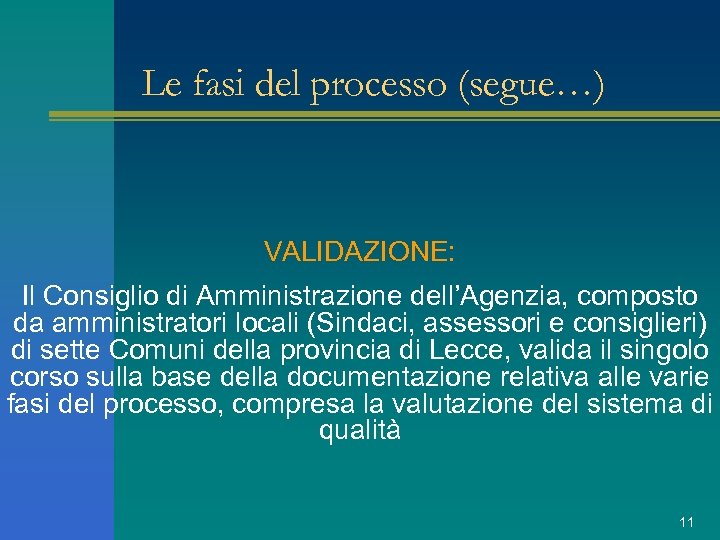 Le fasi del processo (segue…) VALIDAZIONE: Il Consiglio di Amministrazione dell’Agenzia, composto da amministratori