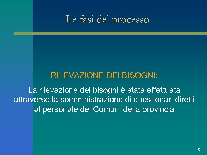 Le fasi del processo RILEVAZIONE DEI BISOGNI: La rilevazione dei bisogni è stata effettuata