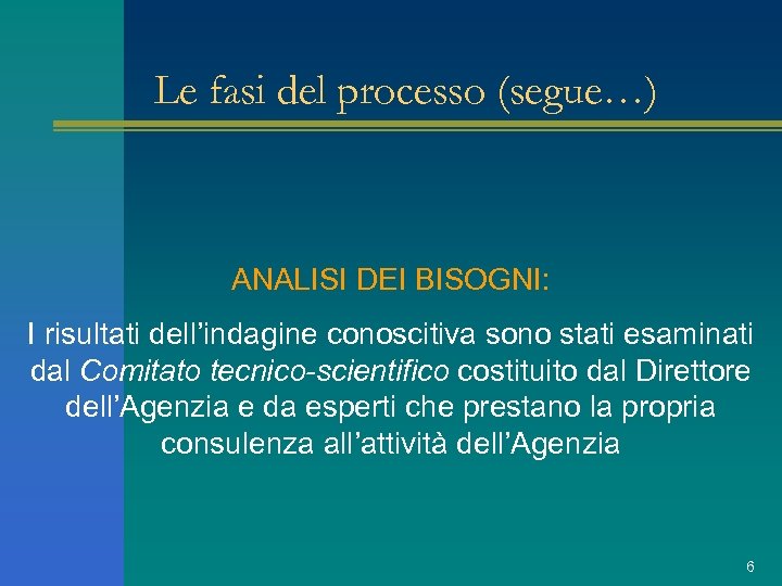 Le fasi del processo (segue…) ANALISI DEI BISOGNI: I risultati dell’indagine conoscitiva sono stati