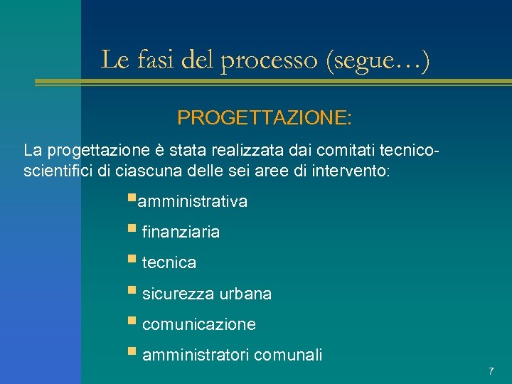 Le fasi del processo (segue…) PROGETTAZIONE: La progettazione è stata realizzata dai comitati tecnicoscientifici