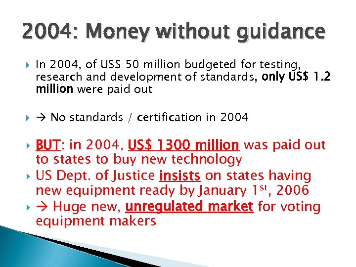2004: Money without guidance In 2004, of US$ 50 million budgeted for testing, research