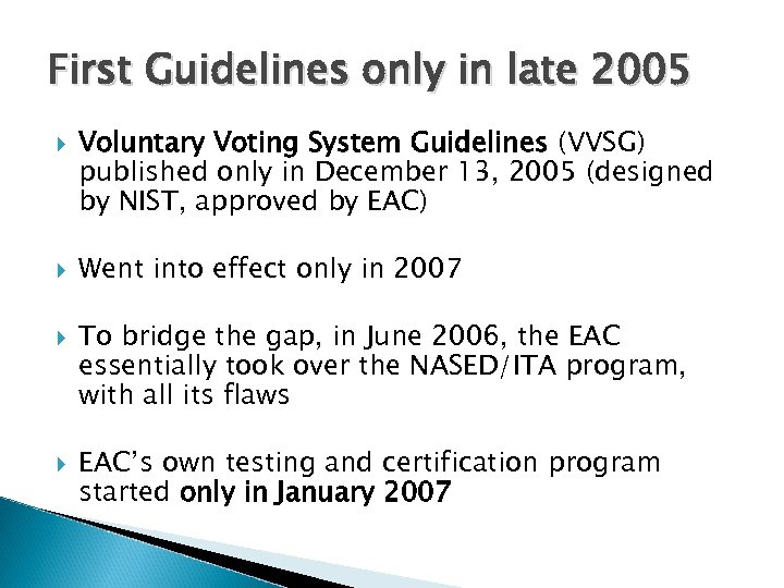 First Guidelines only in late 2005 Voluntary Voting System Guidelines (VVSG) published only in
