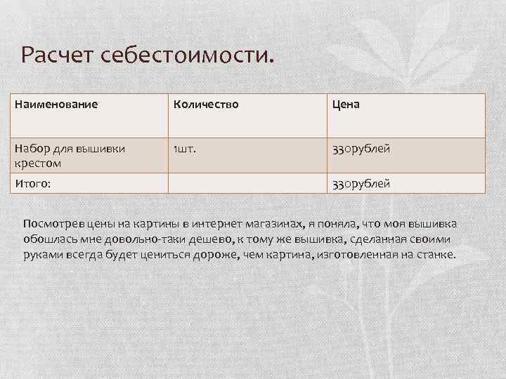 Расчет себестоимости. Наименование Количество Цена Набор для вышивки крестом 1 шт. 330 рублей Итого: