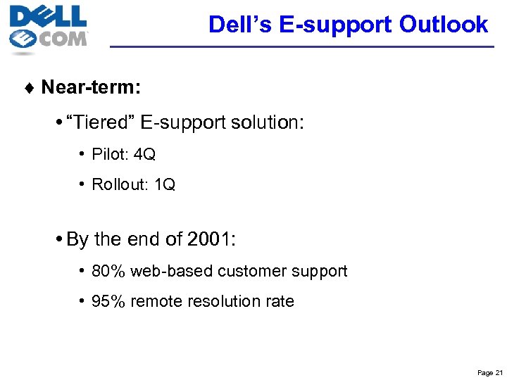 Dell’s E-support Outlook ¨ Near-term: “Tiered” E-support solution: • Pilot: 4 Q • Rollout: