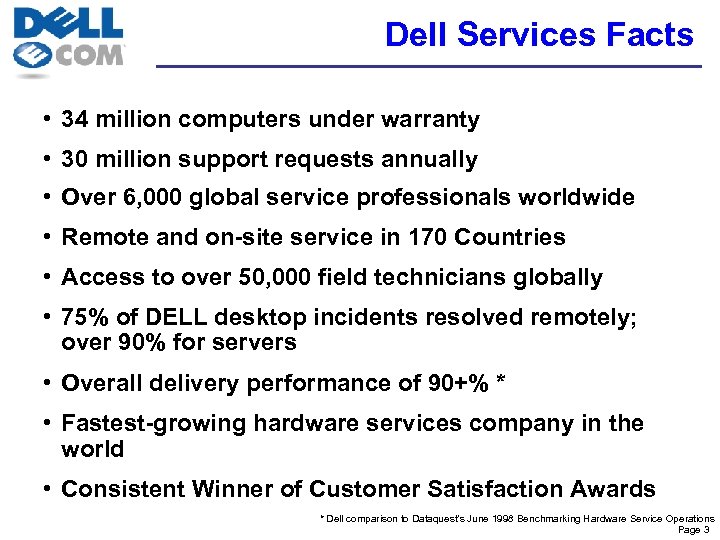 Dell Services Facts • 34 million computers under warranty • 30 million support requests