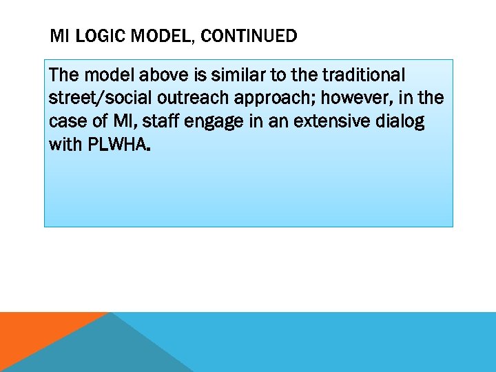 MI LOGIC MODEL, CONTINUED The model above is similar to the traditional street/social outreach