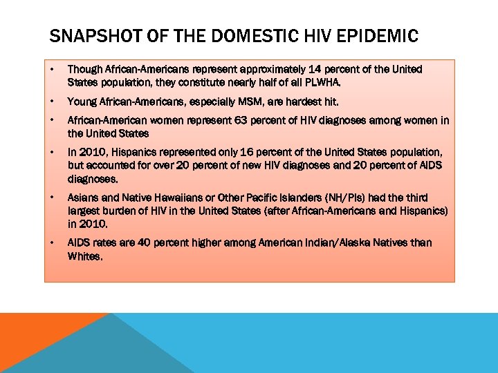 SNAPSHOT OF THE DOMESTIC HIV EPIDEMIC • Though African-Americans represent approximately 14 percent of
