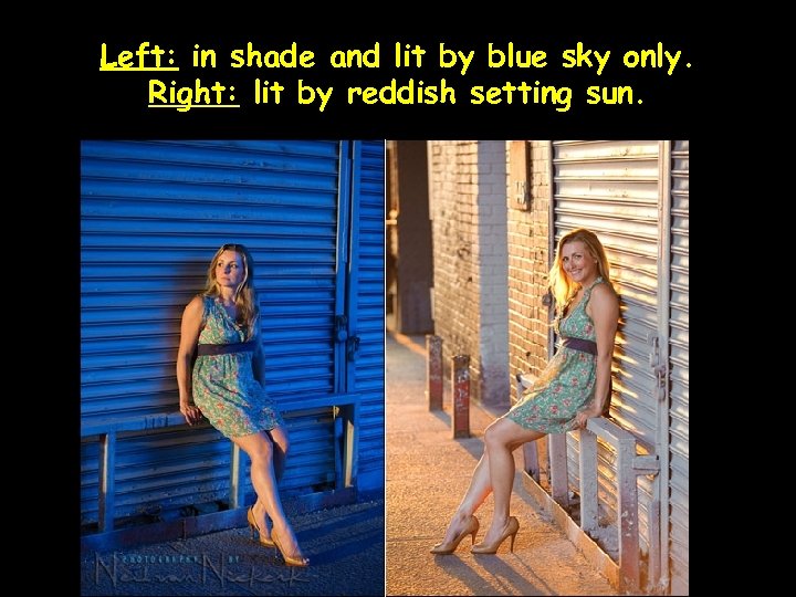 Left: in shade and lit by blue sky only. Right: lit by reddish setting