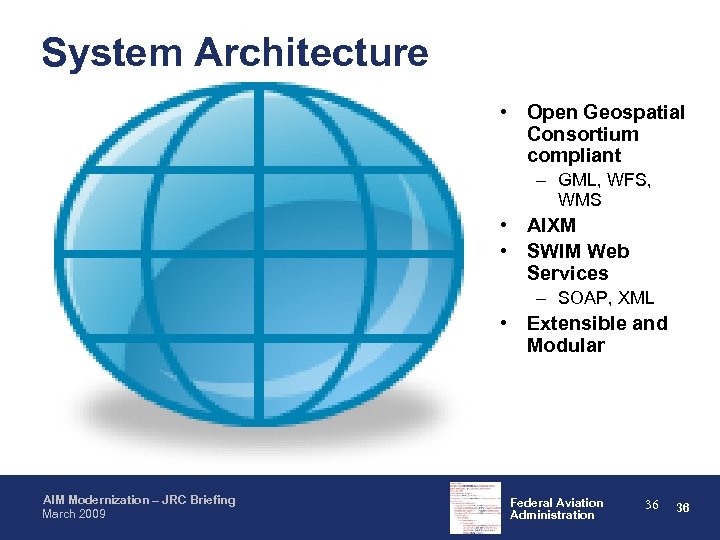 System Architecture • Open Geospatial Consortium compliant – GML, WFS, WMS • AIXM •