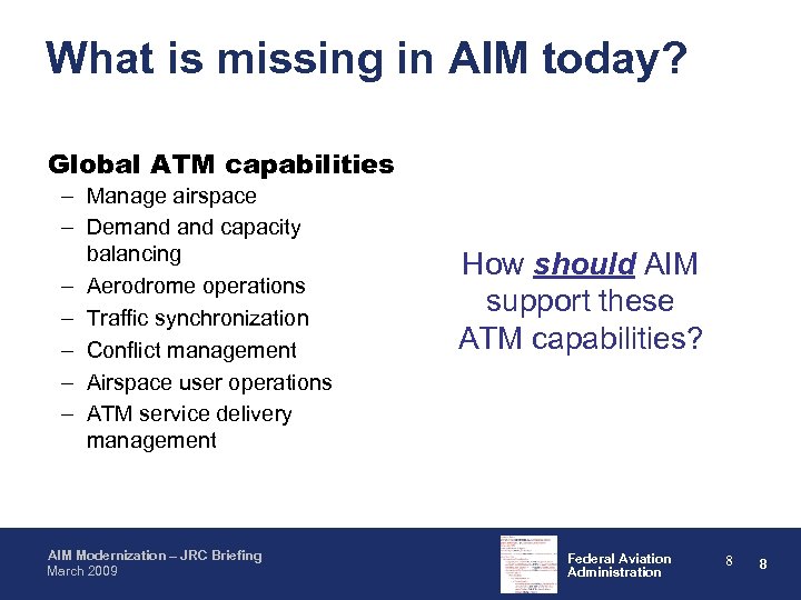 What is missing in AIM today? Global ATM capabilities – Manage airspace – Demand