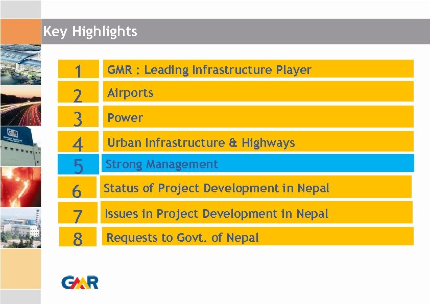 Key Highlights 1 2 GMR : Leading Infrastructure Player 3 4 5 Power 6