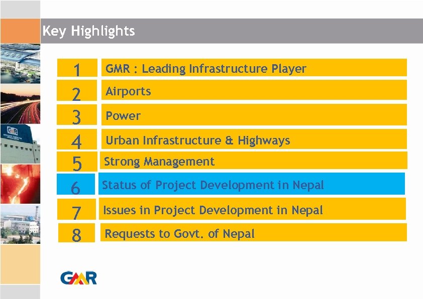 Key Highlights 1 2 GMR : Leading Infrastructure Player 3 4 5 Power 6