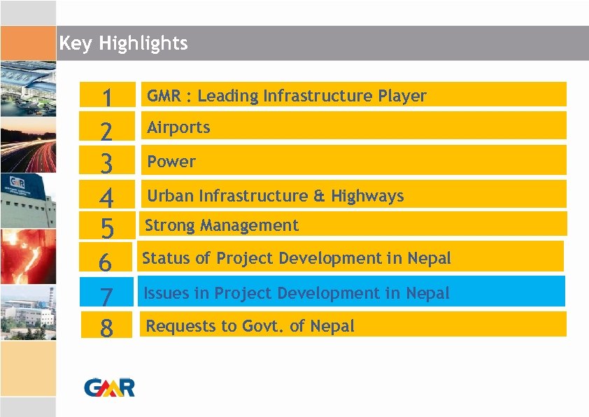 Key Highlights 1 2 GMR : Leading Infrastructure Player 3 4 5 Power 6