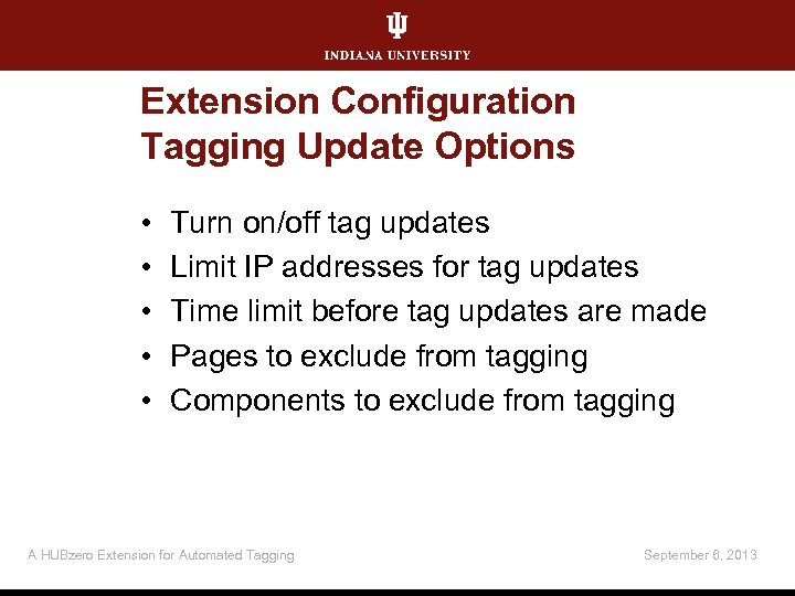 Extension Configuration Tagging Update Options • • • Turn on/off tag updates Limit IP