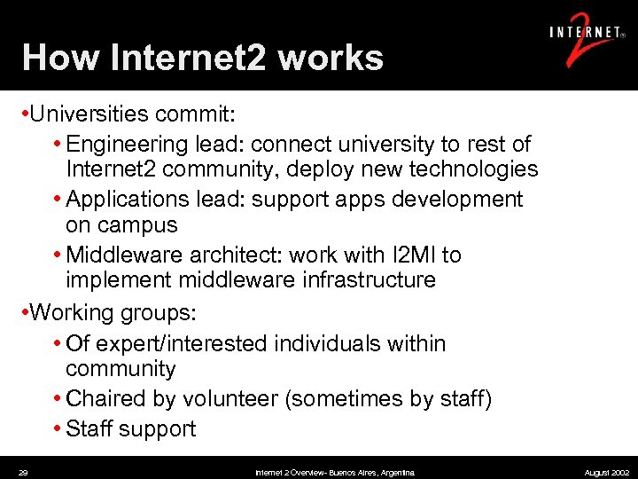 How Internet 2 works • Universities commit: • Engineering lead: connect university to rest