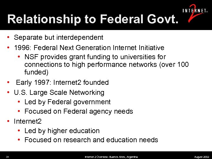 Relationship to Federal Govt. • Separate but interdependent • 1996: Federal Next Generation Internet