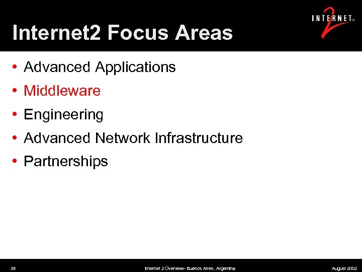 Internet 2 Focus Areas • Advanced Applications • Middleware • Engineering • Advanced Network