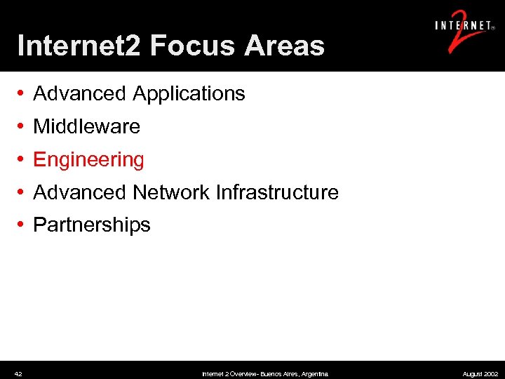 Internet 2 Focus Areas • Advanced Applications • Middleware • Engineering • Advanced Network