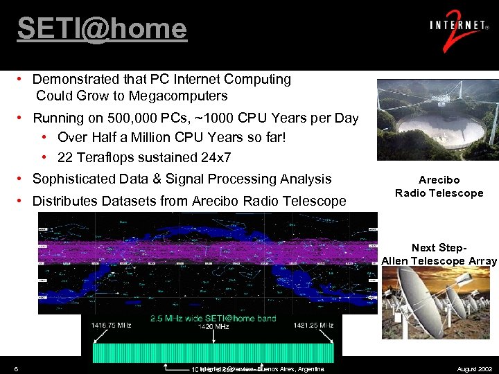 SETI@home • Demonstrated that PC Internet Computing Could Grow to Megacomputers • Running on