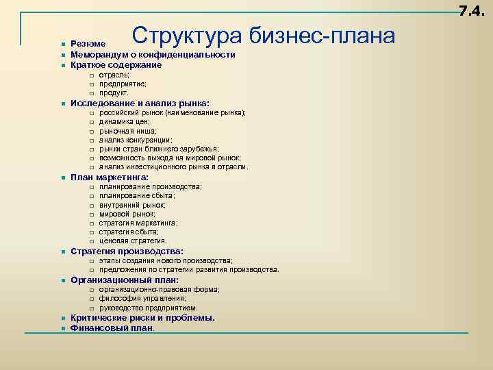 7. 4. n n n Структура бизнес плана Резюме Меморандум о конфиденциальности Краткое содержание