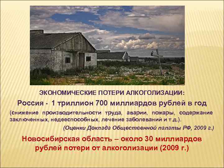 ЭКОНОМИЧЕСКИЕ ПОТЕРИ АЛКОГОЛИЗАЦИИ: Россия - 1 триллион 700 миллиардов рублей в год (снижение производительности