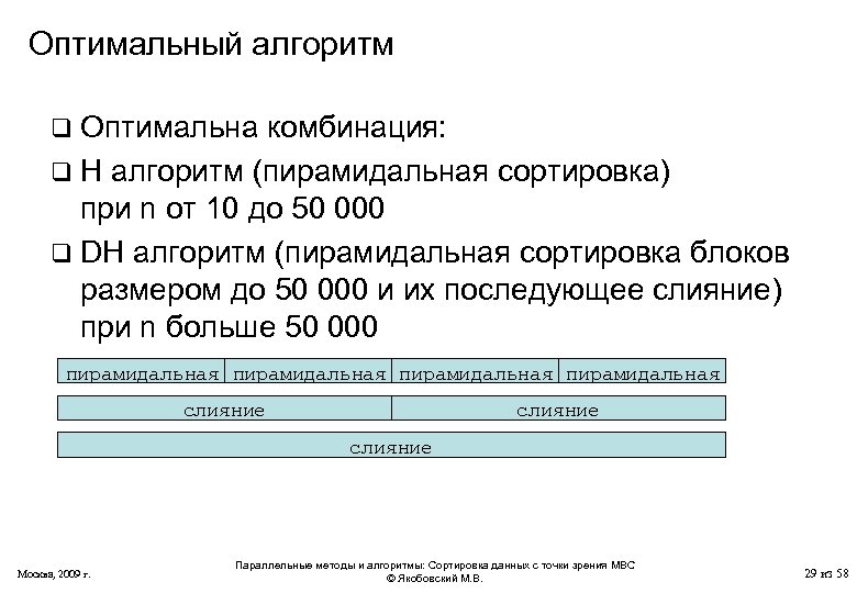 Оптимальный алгоритм q Оптимальна комбинация: q H алгоритм (пирамидальная сортировка) при n от 10